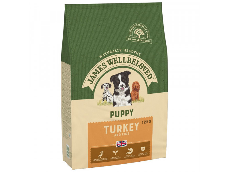 Ekonomipack: 2 x 10/12 kg James Wellbeloved hundfoder - Puppy Turkey & Rice (2 x 12 kg)