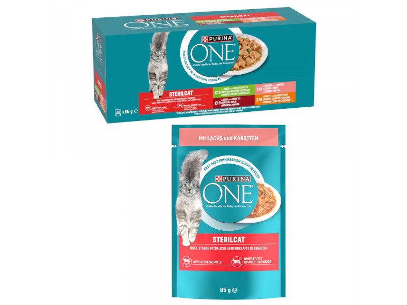 PURINA ONE 40 x 85 g mixpack + 13 x 85 g mer på köpet - 40 x 85 g Sterilcat Mix (4 varianter) + 13 x 85 g Sterilcat lax & morötter
