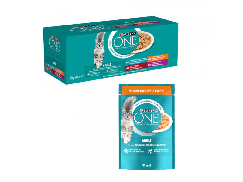 PURINA ONE 40 x 85 g mixpack + 13 x 85 g mer på köpet - 40 x 85 g Blandat urval (4 varianter) + 13 x 85 g Adult kyckling & gröna bönor