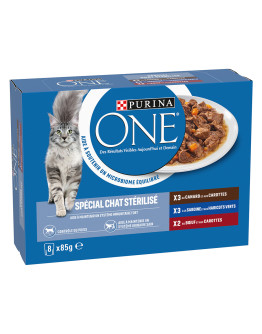 Blandad förpackning PURINA ONE Steriliserad katt 8 x 85 g - Anka, nötkött, sardiner
