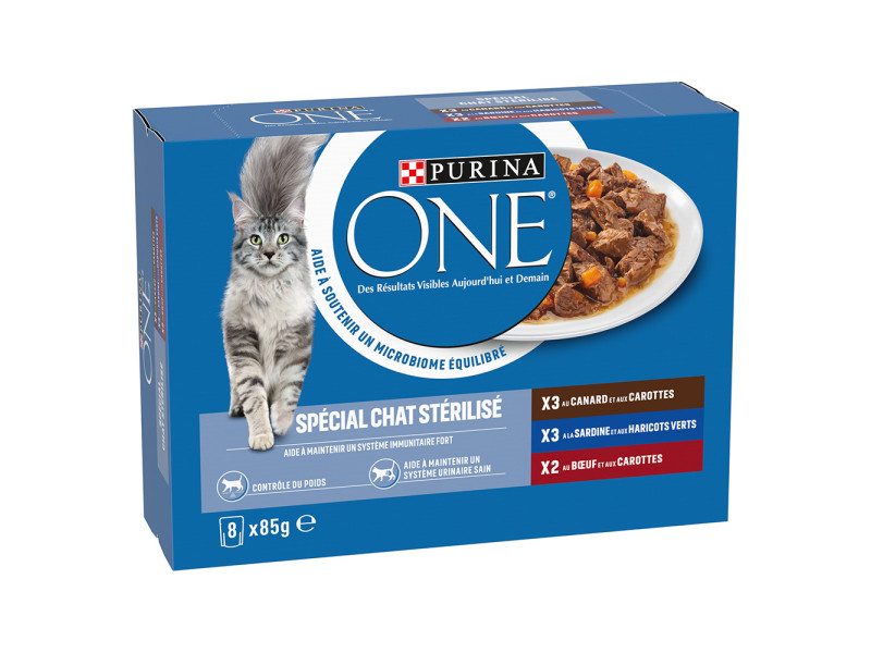 Blandad förpackning PURINA ONE Steriliserad katt 8 x 85 g - Anka, nötkött, sardiner