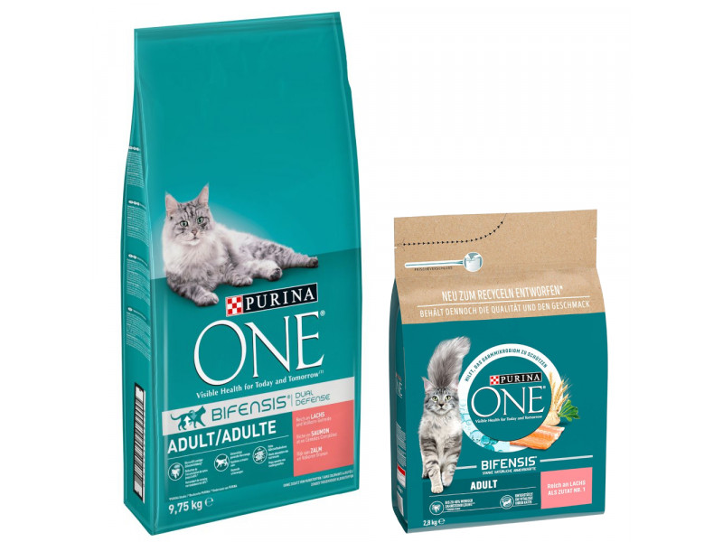 9,75 kg + 2,8 kg på köpet! 12,55 kg PURINA ONE - Adult Lax & fullkorn (9,75 kg) + Adult lax & fullkorn (2,8 kg)