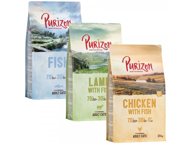 Blandat provpack Purizon Adult 3 x 2,5 kg - I: Chicken & Fish, Lamb & Fish och Fish