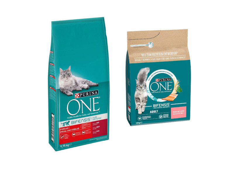 9,75 kg + 2,8 kg på köpet! 12,55 kg PURINA ONE - SterilCat Nötkött (9,75 kg) + Adult lax & fullkorn (2,8 kg)