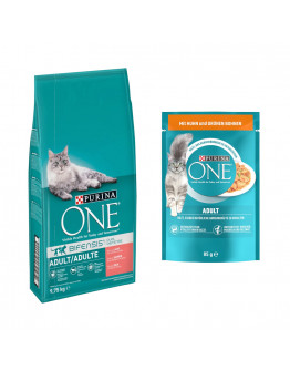 9,75 kg PURINA ONE torrfoder + 13 x 85 g passande våtfoder på köpet! - Adult Lax & fullkorn + Adult Kyckling & gröna bönor