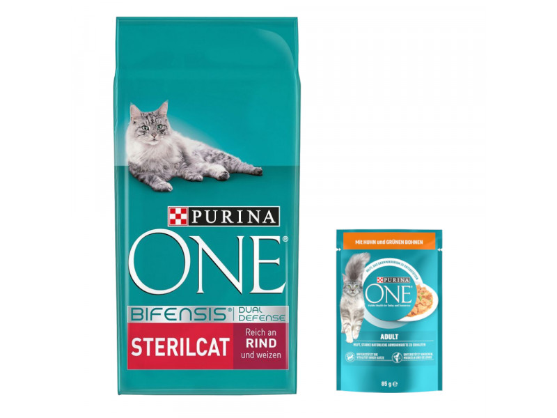 9,75 kg PURINA ONE torrfoder + 13 x 85 g våtfoder på köpet! - SterilCat Nötkött  + Adult Kyckling & gröna bönor
