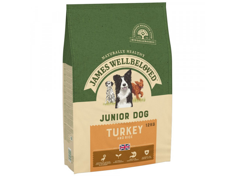 Ekonomipack: 2 x 10/12 kg James Wellbeloved hundfoder - Junior Turkey & Rice (2 x 12 kg)
