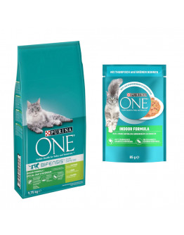 9,75 kg PURINA ONE torrfoder + 13 x 85 g passande våtfoder på köpet! - Indoor Formula + Indoor Formula Tonfisk & gröna bönor