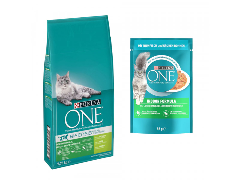 9,75 kg PURINA ONE torrfoder + 13 x 85 g passande våtfoder på köpet! - Indoor Formula + Indoor Formula Tonfisk & gröna bönor