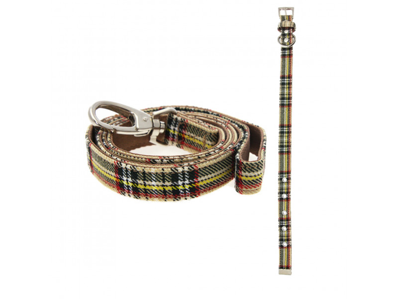Halsband & Koppel Set - Brown Tartan - L