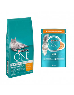 9,75 kg PURINA ONE torrfoder + 13 x 85 g passande våtfoder på köpet! - Adult Kyckling & fullkorn + Adult Kyckling & gröna bönor