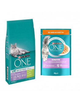 9,75 kg PURINA ONE torrfoder + 13 x 85 g passande våtfoder på köpet! - Sensitive + Sensitive Kyckling & morötter