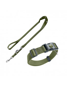 HUNTER set: halsband London + koppel London, olivgrön - Vario Plus stl. L + koppel 200 cm / 15 mm