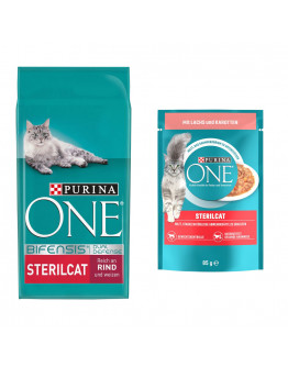 9,75 kg PURINA ONE torrfoder + 13 x 85 g passande våtfoder på köpet! - SterilCat Nötkött + SterilCat Lax & morötter